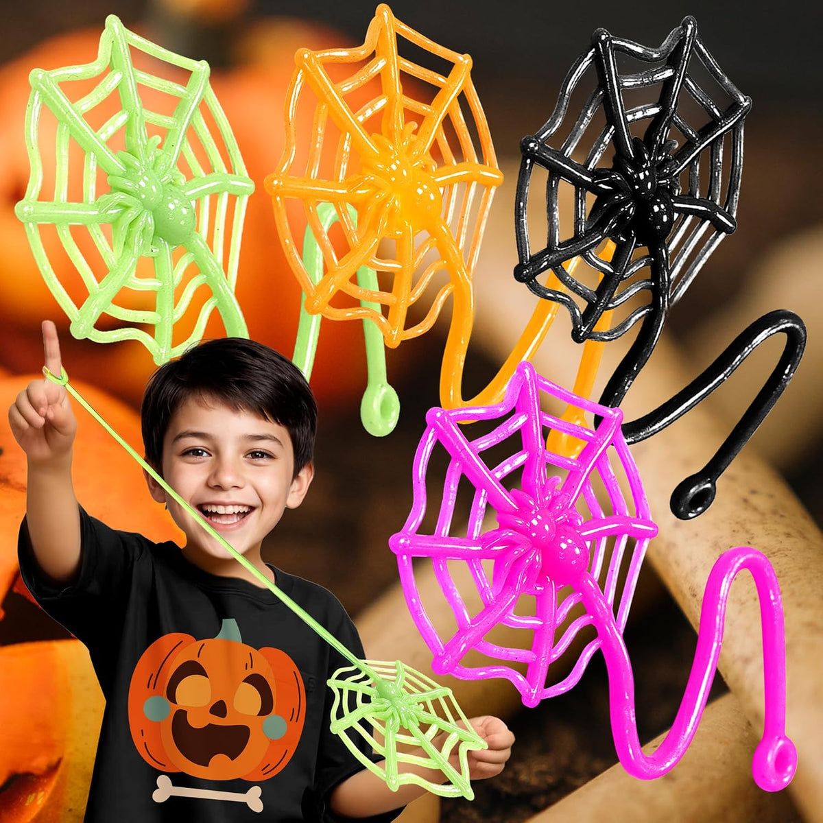 Glow Fever sticky spider web toys in orange, green, black and pink, 24 pack