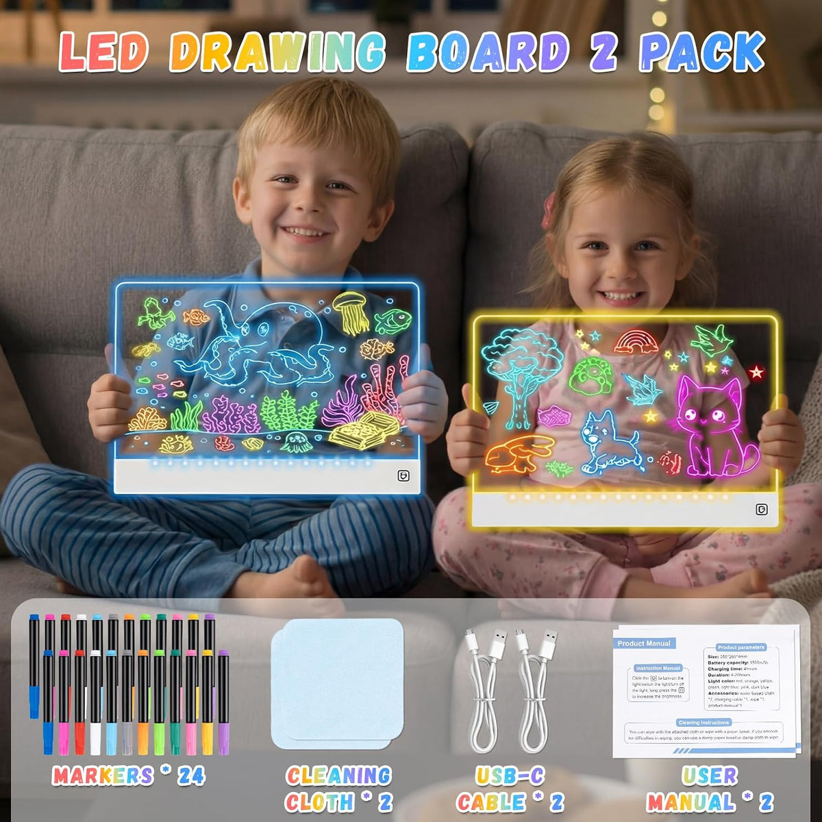 16" Rechargeable LED Drawing Board for Kids, 7 Colors - White3 / 2PACK - image 2