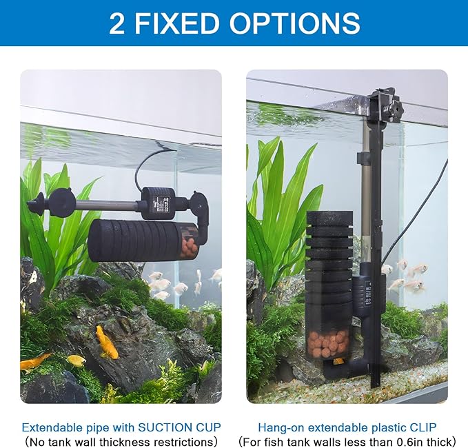hygger USB Single Sponge Filter, Small Aquarium Filter with Adjustable Hanging Clip and Suction Cup, Duckbill Outlet, Rain Pipe Outlet, Extra Spare Sponge