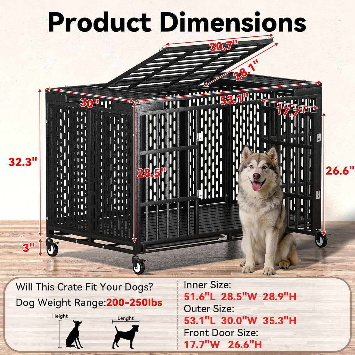 48 Inch Heavy Duty Dog Crate with Wheels - 53.1"L x 30.0"W x 32.2"H - image 2