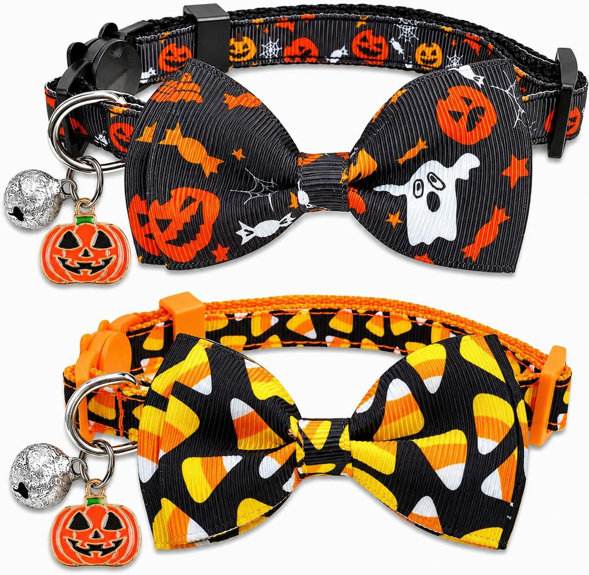 2 Pack Halloween Cat Collars with Bells, Breakaway - Jack-O-Lantern/Trick or Treat