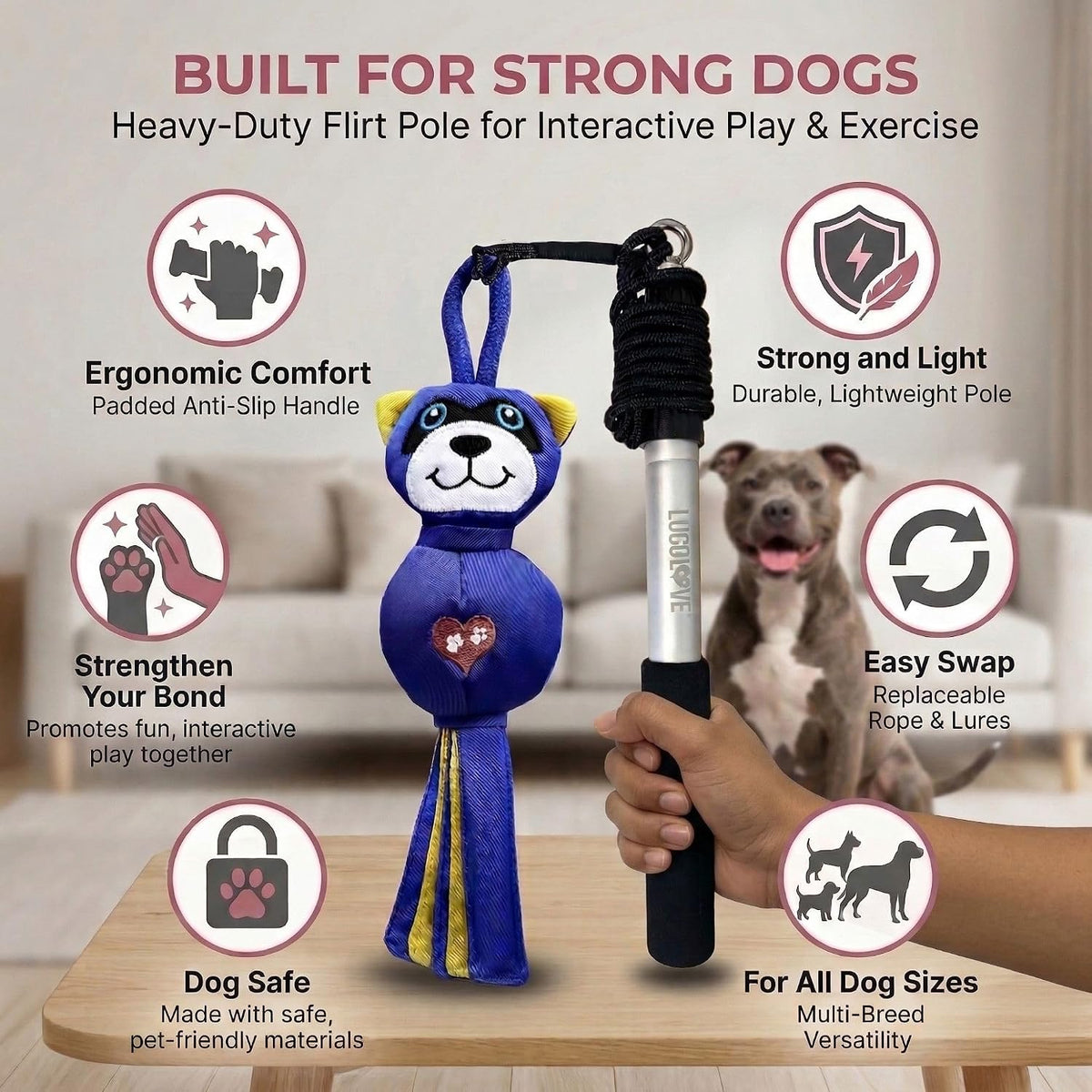 Flirt Pole for Dogs Heavy Duty 35 Inch Teaser Wand with Duck Toy – Essentials for Dogs - Raccoon / 35" Pole - image 4