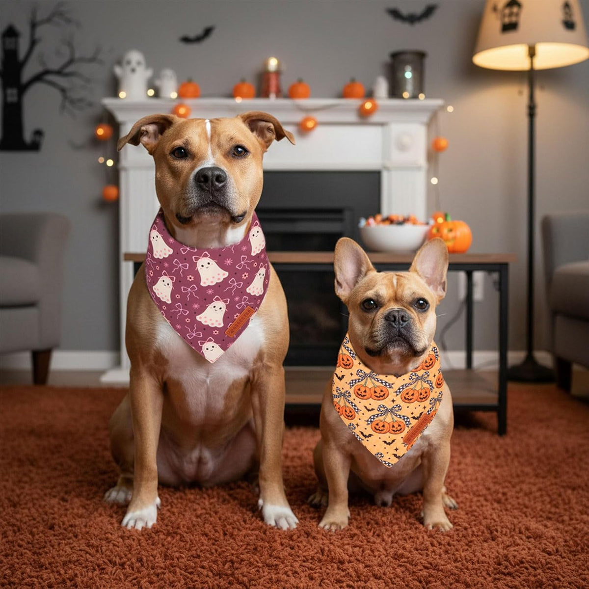 ADOGGYGO 2 pack Halloween dog bandanas in purple ghost and orange pumpkin prints - view 3