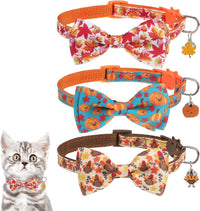 Halloween Cat Collar Breakaway with Bowtie and Bells - Turkey+Pumpkins+Maple Leaf