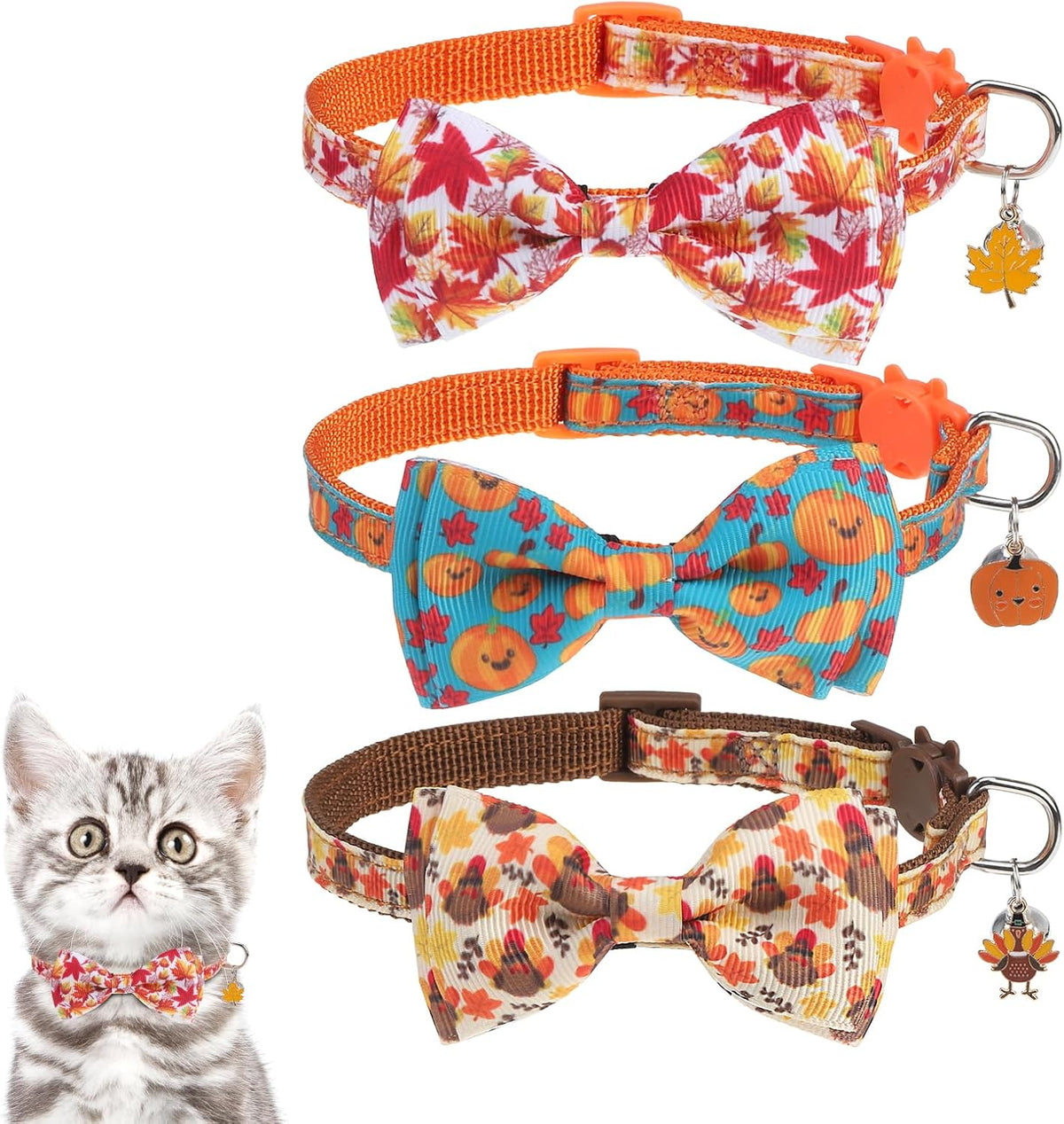 Halloween Cat Collar Breakaway with Bowtie and Bells - Turkey+Pumpkins+Maple Leaf