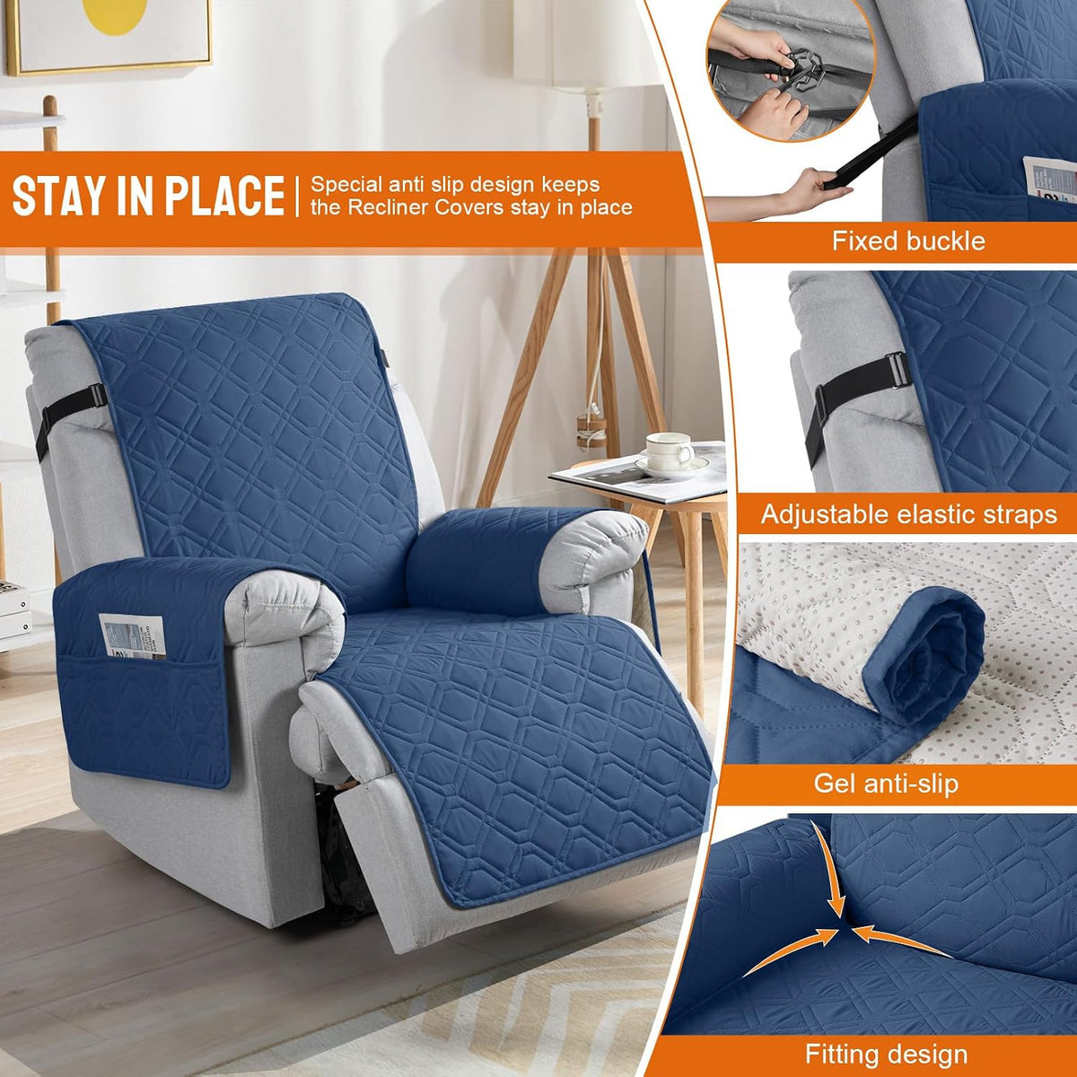 VANSOFY 100% Waterproof Recliner Chair Covers - Ocean Blue / 22" - image 3