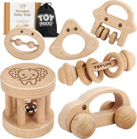 TOY Life Wooden Toys Cars, Montessori Baby Toys 6-12 Months - 6 PCS Rattle Set