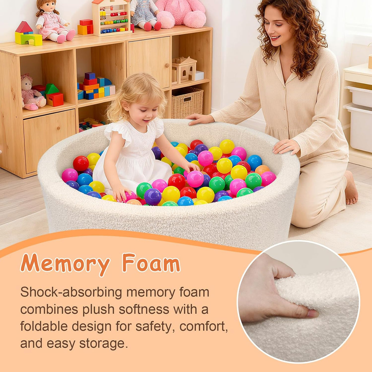 MEOGETY beige teddy fleece foam ball pit for toddlers with soft round walls - view 23