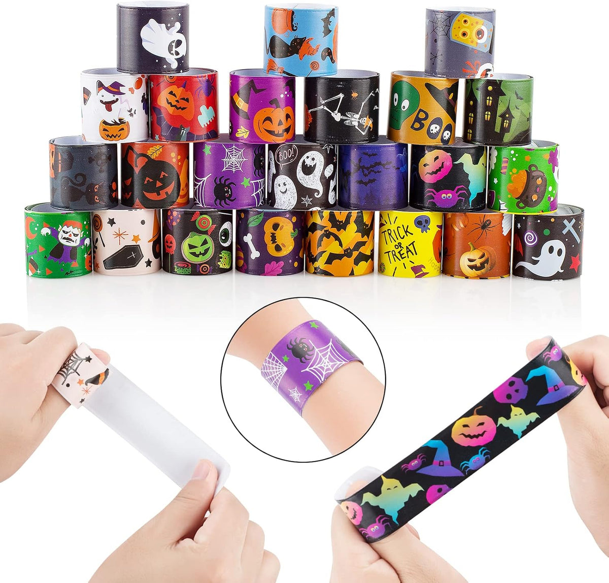 Dminya 24 pack Halloween slap bracelets for kids with skull, pumpkin, ghost and bat prints - view 4