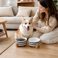 Ceramic Cat Dog Bowl Set with Stand - Black Rhombus / 400ML*2 - image 2