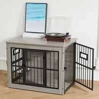 Gardner Pet Dog Crate Furniture for Medium Dogs, 32.7 Inch Dog Kennel Indoor, Wooden Dog Cage End Table with 2 Removable Bowls, Heavy Duty Dog Crate, Rustic Grey