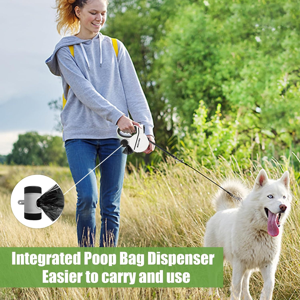 4-in-1 Retractable Dog Leash with LED Light & Dispenser & Poop Bags – Essentials for Dogs - M - With chew proof cable - image 3