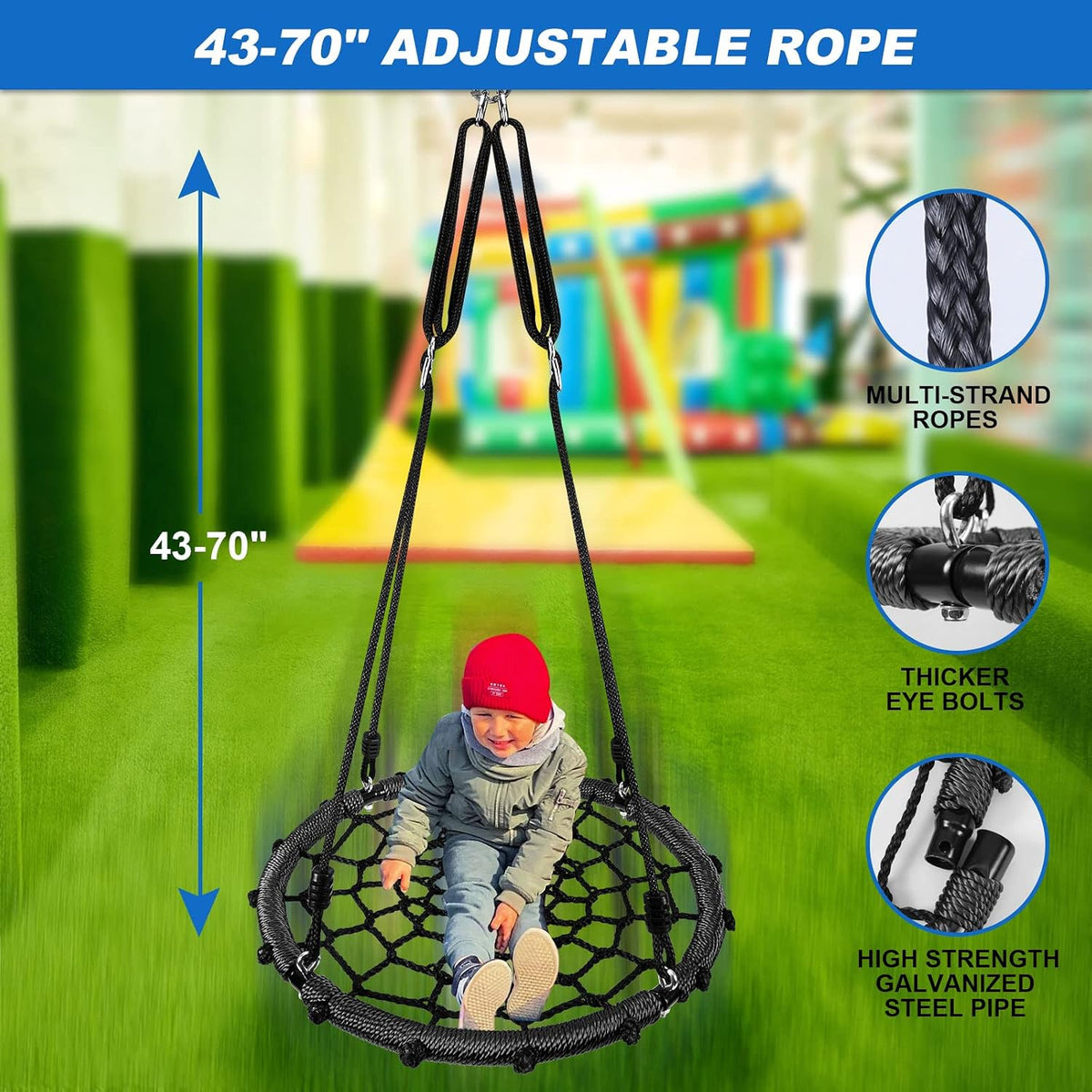 Odoland 43 inch black spider web tree swing with padded steel frame and adjustable ropes - view 4