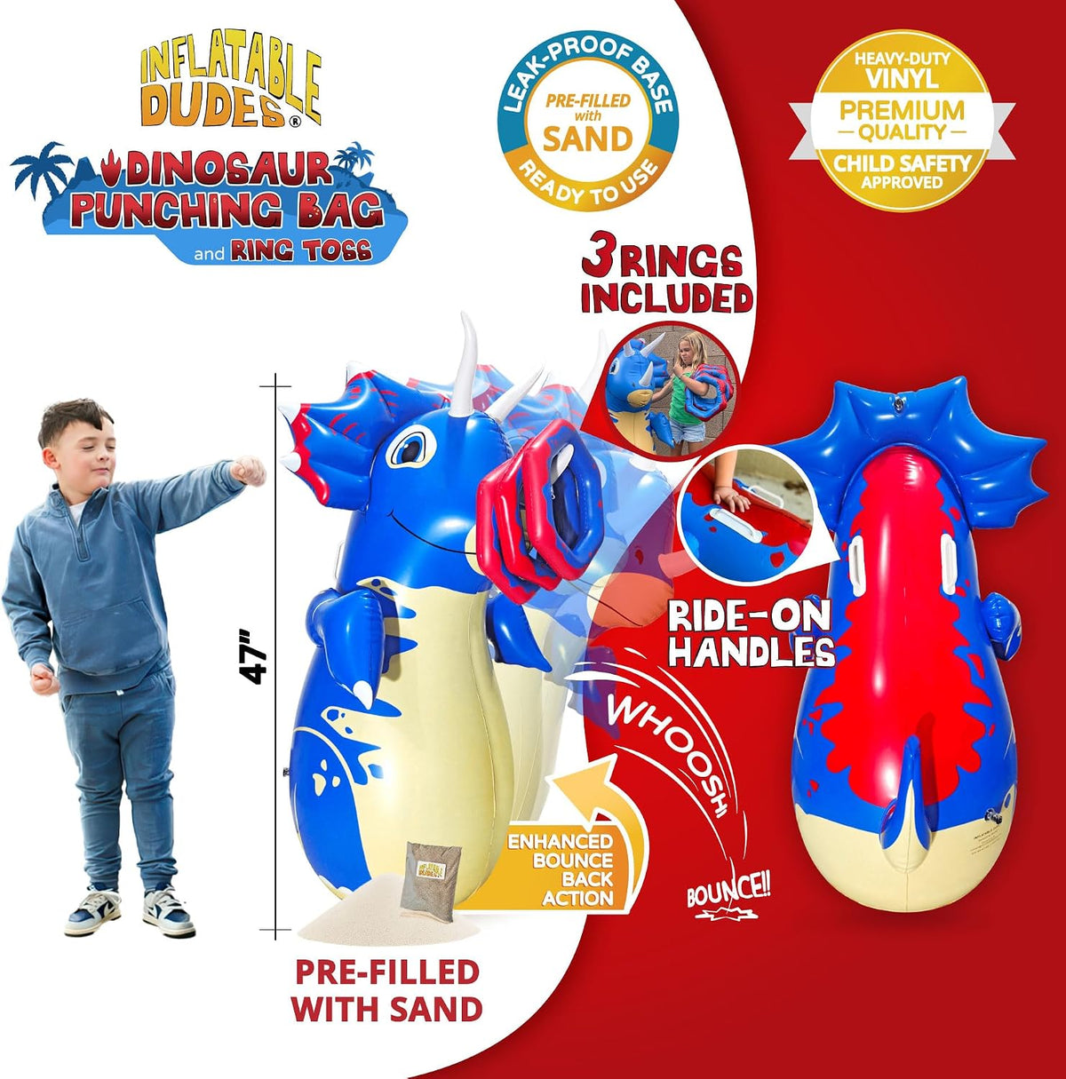 Inflatable Dudes kids punching bag bop bag, 47 inch, with sand-filled base in a ninja design - view 18