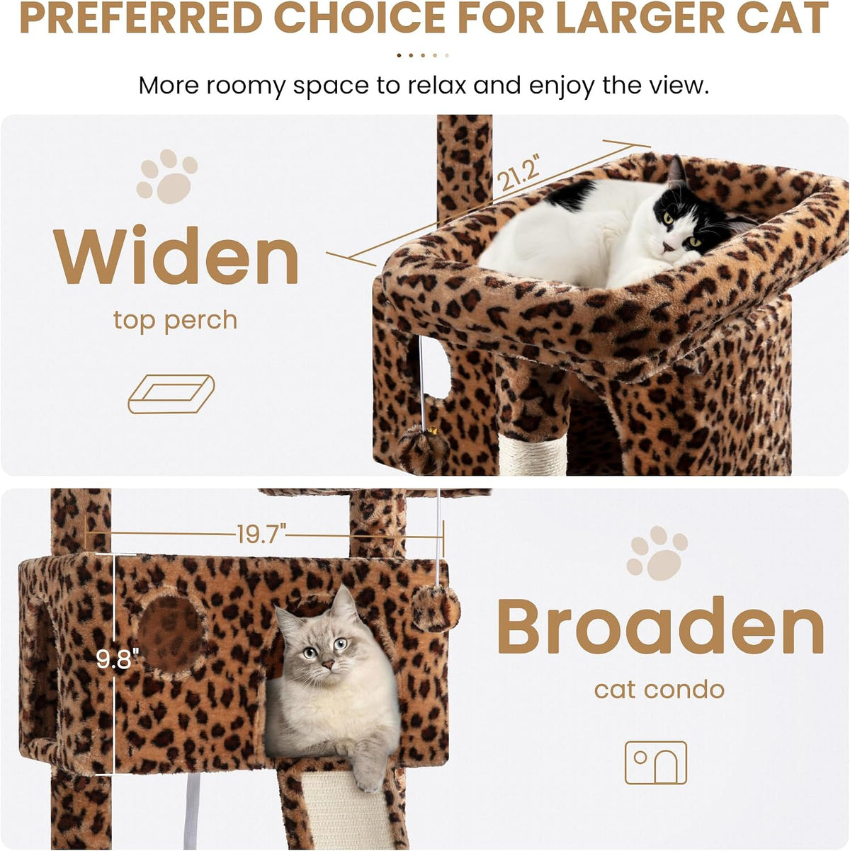 SHA CERLIN 65in Larger Cat Tree Tower Condo for Indoor - Leopard Print - image 3