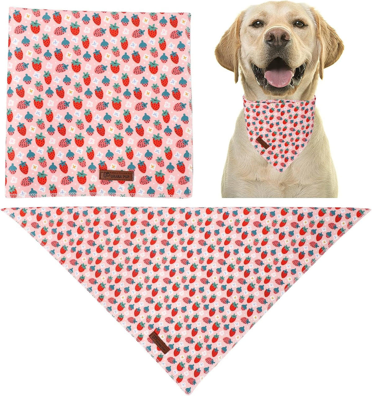 Summer Dog Bandana, UP URARA PUP Strawberry Triangle Bid Scarf for Medium Large Dogs, Cotton - StarBerry B / S - image 4
