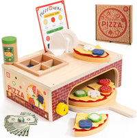 WOODMAM Wooden Pizza Toy, 48 PCS Montessori Pretend Play Food for Ages 3+ – Fun for Kids & Family - Non-Foldable Wooden Oven