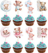 Gyufise 36Pcs Baby Shower Bear Cupcake Toppers Moon Baby Bear Baby - Blue Pink