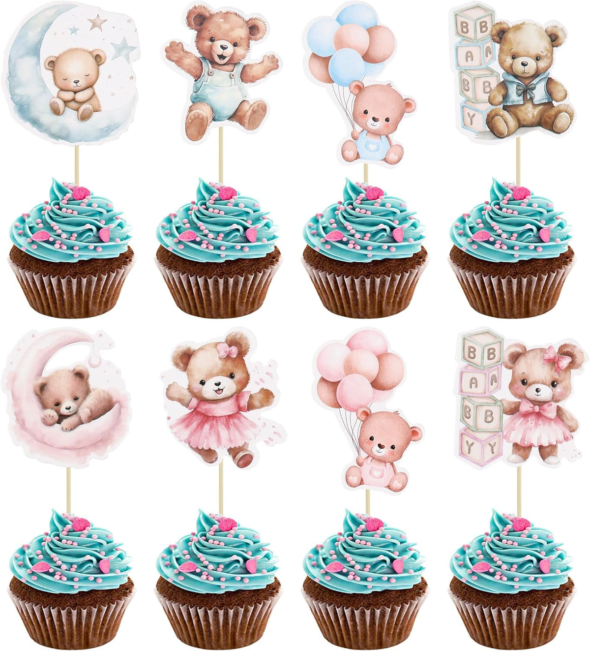 Gyufise 36Pcs Baby Shower Bear Cupcake Toppers Moon Baby Bear Baby - Blue Pink