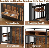 Large Dog Crate Furniture, 48 Inch Wooden Dog Crate, Heavy Duty Dogs Kennel with 2 Drawers Storage, 360° Adjustable Raised Feeder, Indoor Dogs House End Table