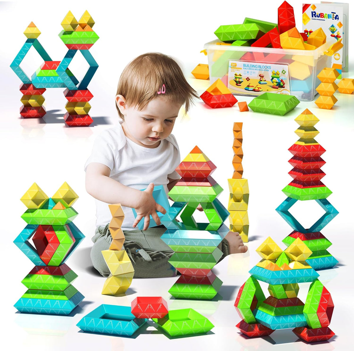 Ggiibro sorting stacking toys, 40 colorful pyramid blocks with storage box
