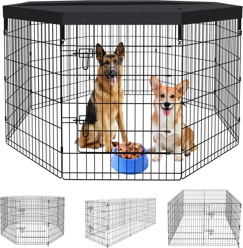 Puppy Pet Playpen 8 Panel 24 Inch Indoor Outdoor Metal Portable - 36"H x 24"W, 8 Panels with Octagonal Top Cover