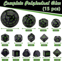 AUSTOR 15 Pieces Complete Polyhedral Dice Set D3-D100 Game Dice Set – Fun for Kids & Family - Black & Green - image 2