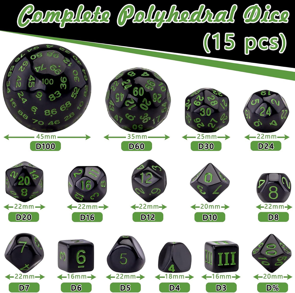 AUSTOR 15 Pieces Complete Polyhedral Dice Set D3-D100 Game Dice Set – Fun for Kids & Family - Black & Green - image 2