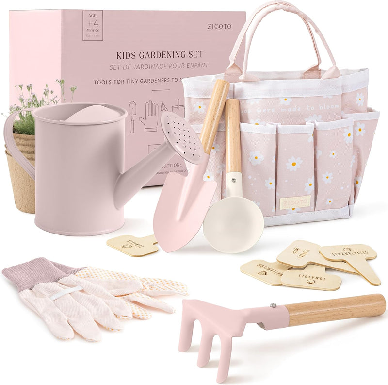 ZICOTO kids gardening set with watering can, rake, shovels, gloves, pots and tote
