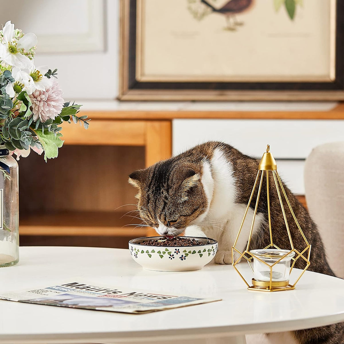 Ceramic Cat Bowls, Howise Pet Bowl Cat Dishes for Food and Water - Floral Blue - image 3