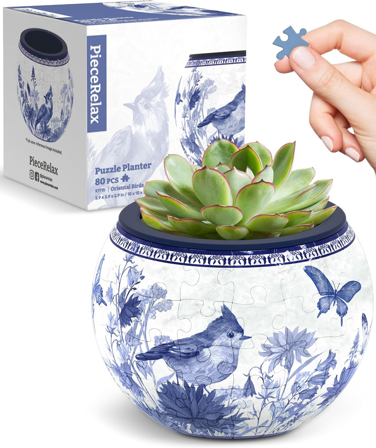 PieceRelax Unique 3D Puzzle Planter, 80 Plastic Pieces [K1101] - Oriental Birds and Flowers