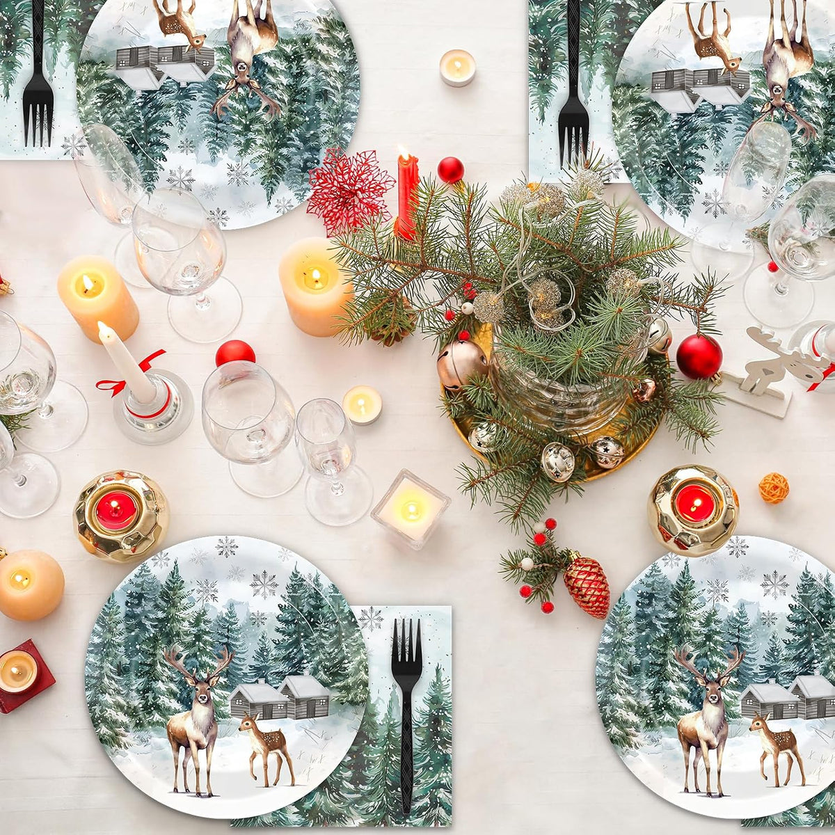 GOLDGAO Christmas paper plates and napkins with buffalo plaid border and snowman print - view 13