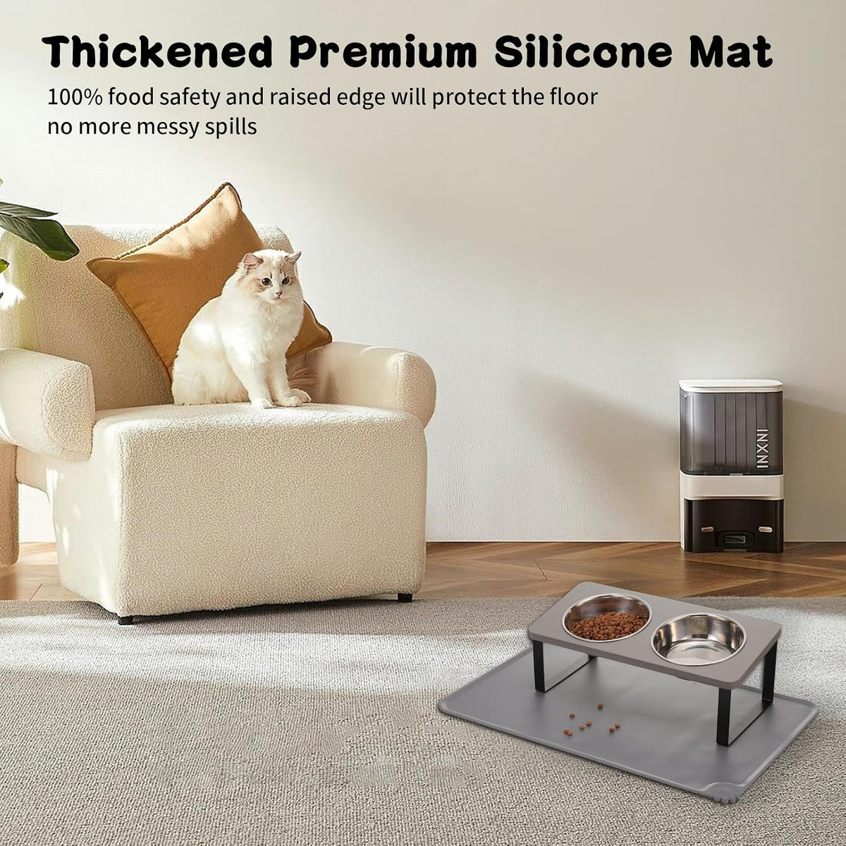 Upgraded Elevated Cat Bowls with Food Mat - Gray-2Bowls - image 3