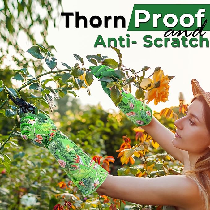 HANDLANDY Women Gardening Gloves, Thorn Proof Breathable Ladies Rose Pruning Long Gauntlet Floral Print Garden Yard Gloves, Gift for Gardeners (Green, M)
