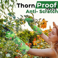 HANDLANDY Women Gardening Gloves, Thorn Proof Breathable Ladies Rose Pruning Long Gauntlet Floral Print Garden Yard Gloves, Gift for Gardeners (Green, XL)