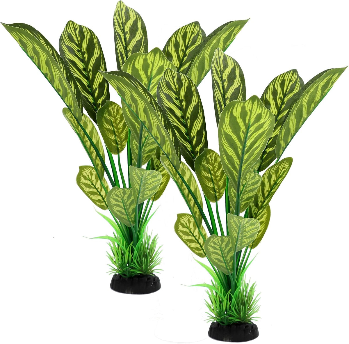 Silk Aquarium Plants, 12 Inch Artificial Silk Plants Decorations – Essentials for Fish - Green With Stripes / 2 Pack
