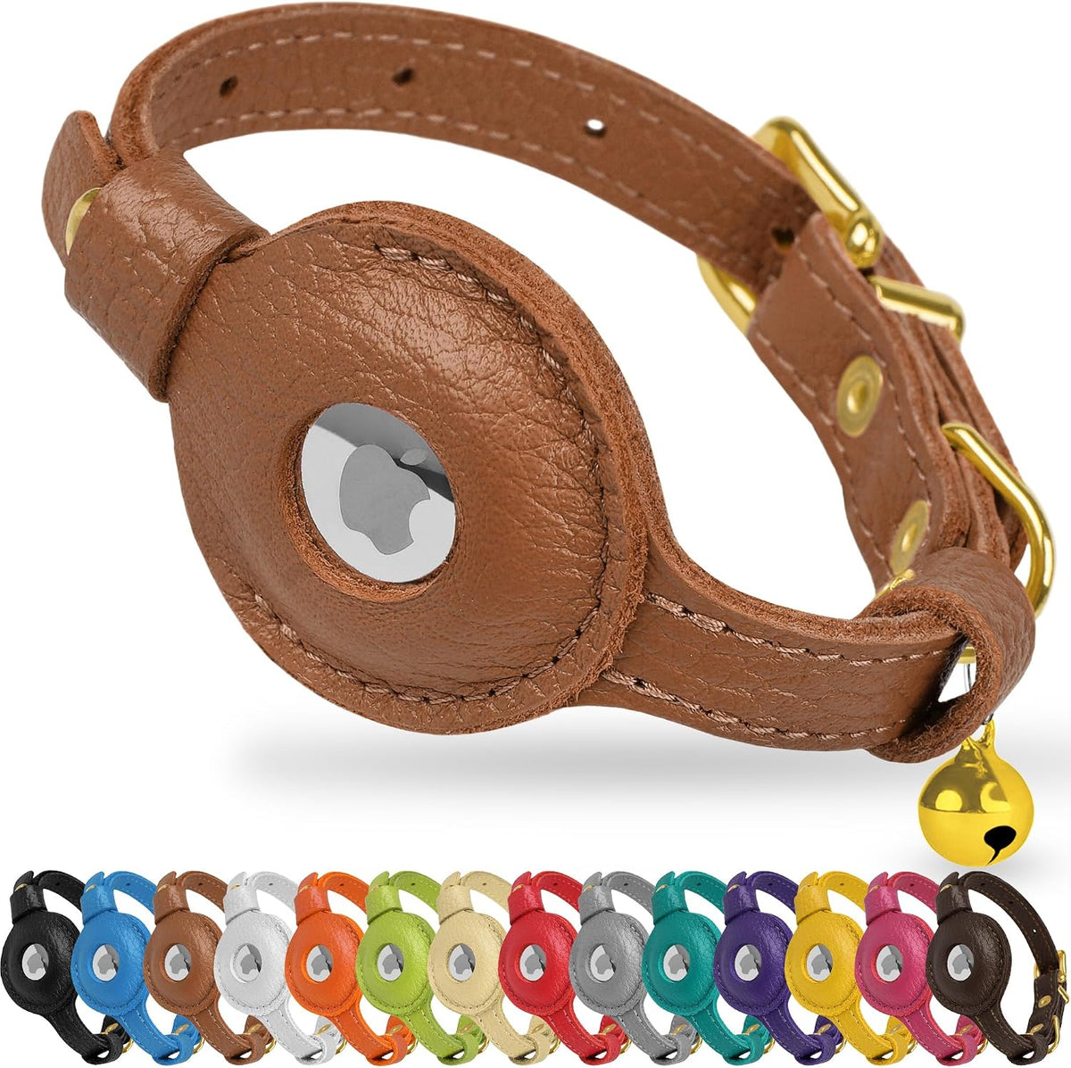 OOPSDOGGY Leather AirTag Cat Collar with Bell - Brown