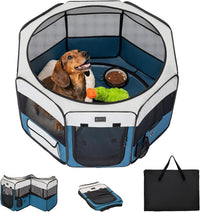 PETSFIT Portable Dog Playpen 36", Removable Waterproof Mat - Blue / Medium (36"x36"x21")