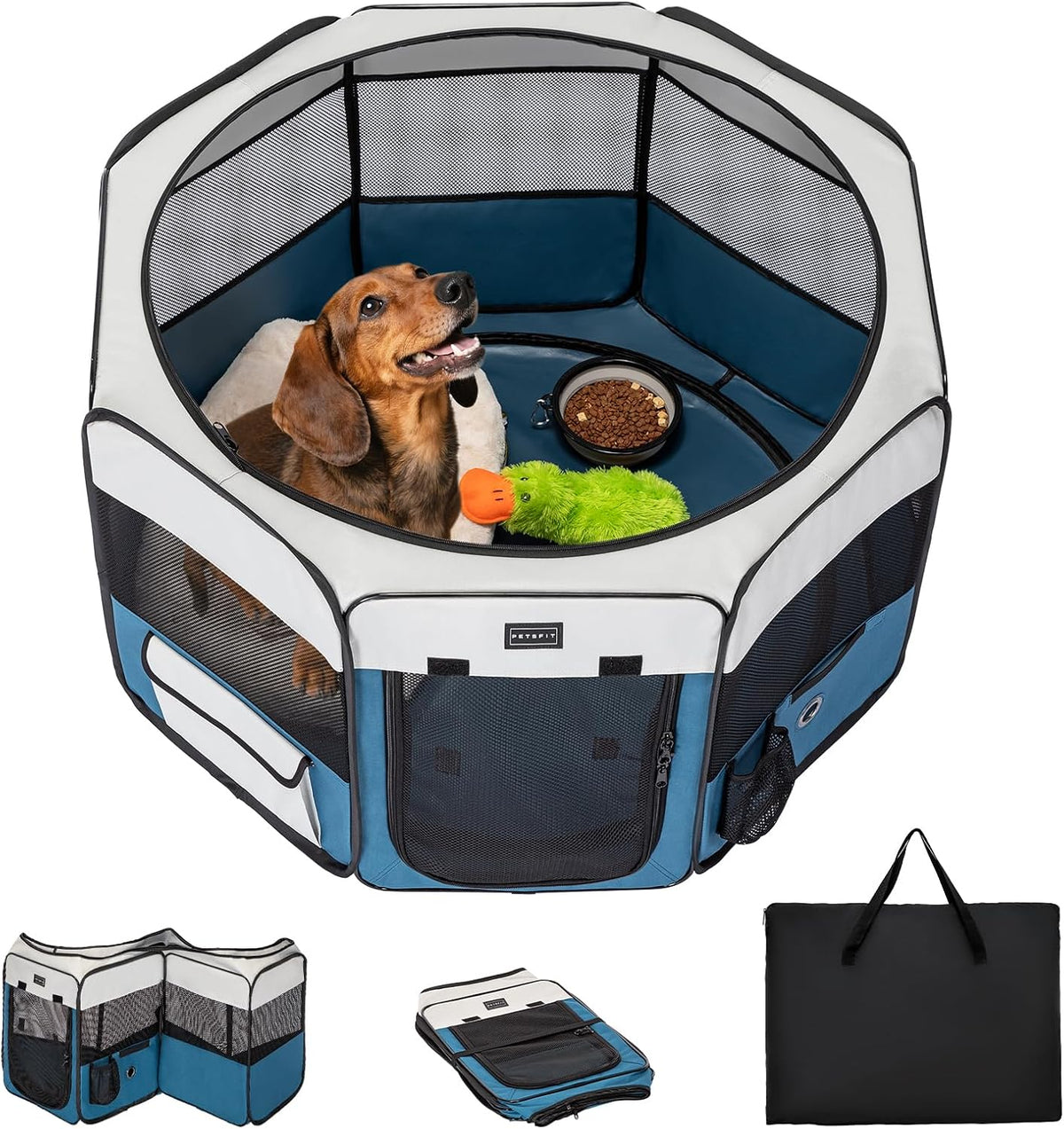 PETSFIT Portable Dog Playpen 36", Removable Waterproof Mat - Blue / Medium (36"x36"x21")