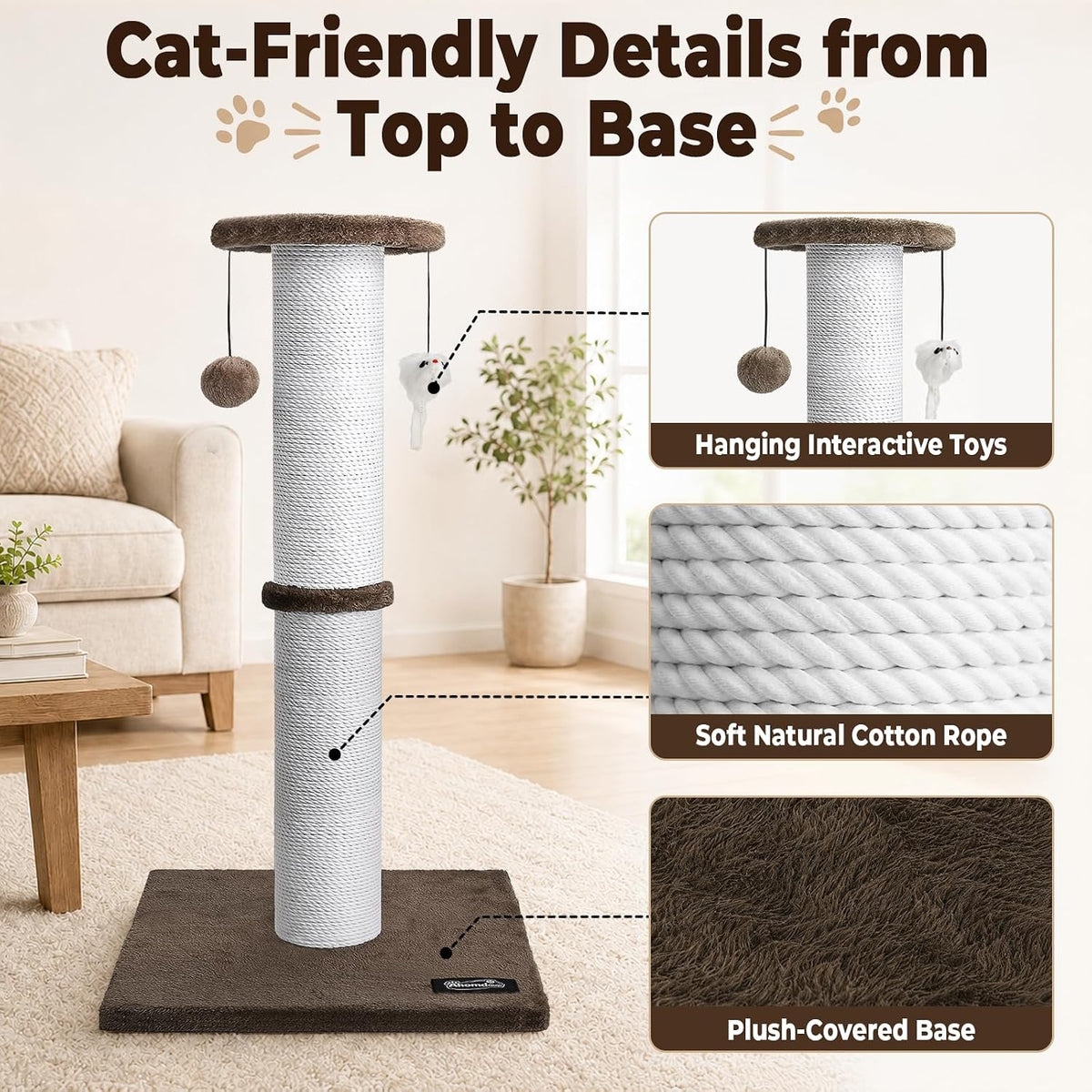 34-Inch Tall Cat Scratching Post for Large Cats, Stable Base - Brown - image 4