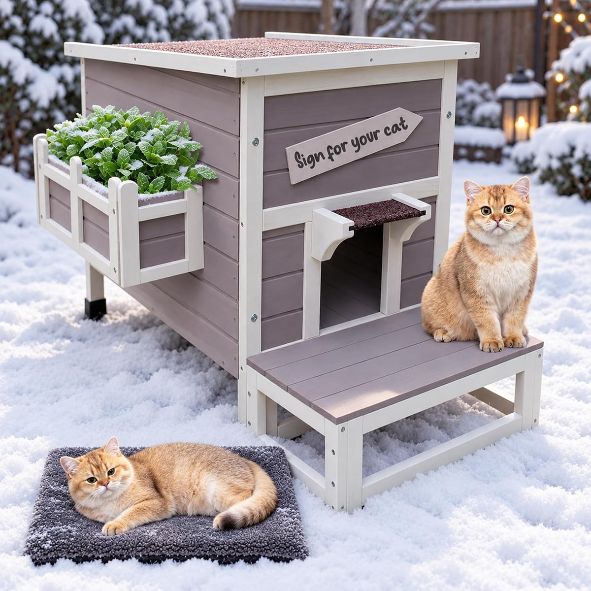 Large Outdoor Cat House with Soft Mat, Wooden Feral Cat Shelter – Essentials for Cats - Grey-with Mat