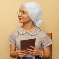 Huskein Old Lady Costume, Old Lady Cosplay Silver Bun Wig Glasses Wig Cap Pearl Necklace Bracelet - White-bun - image 4