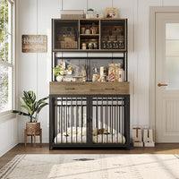 HITHOS 71" Tall Dog Crate Furniture, Indoor Dog Kennel with Hutch, 42" W Dog Cage for Large/Medium Dogs, Wood Dog Crates with 2 Storage Drawers, Heavy Duty Pet House, Rustic Brown
