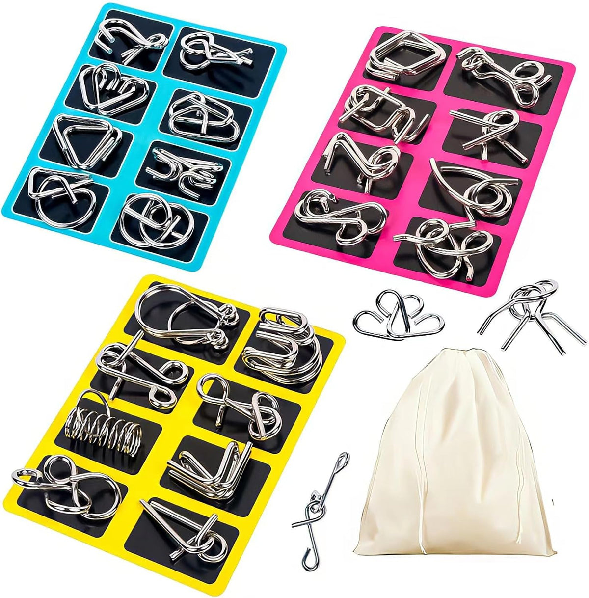 Metal Wire Puzzle Set of 24 with Pouch – Fun for Kids & Family