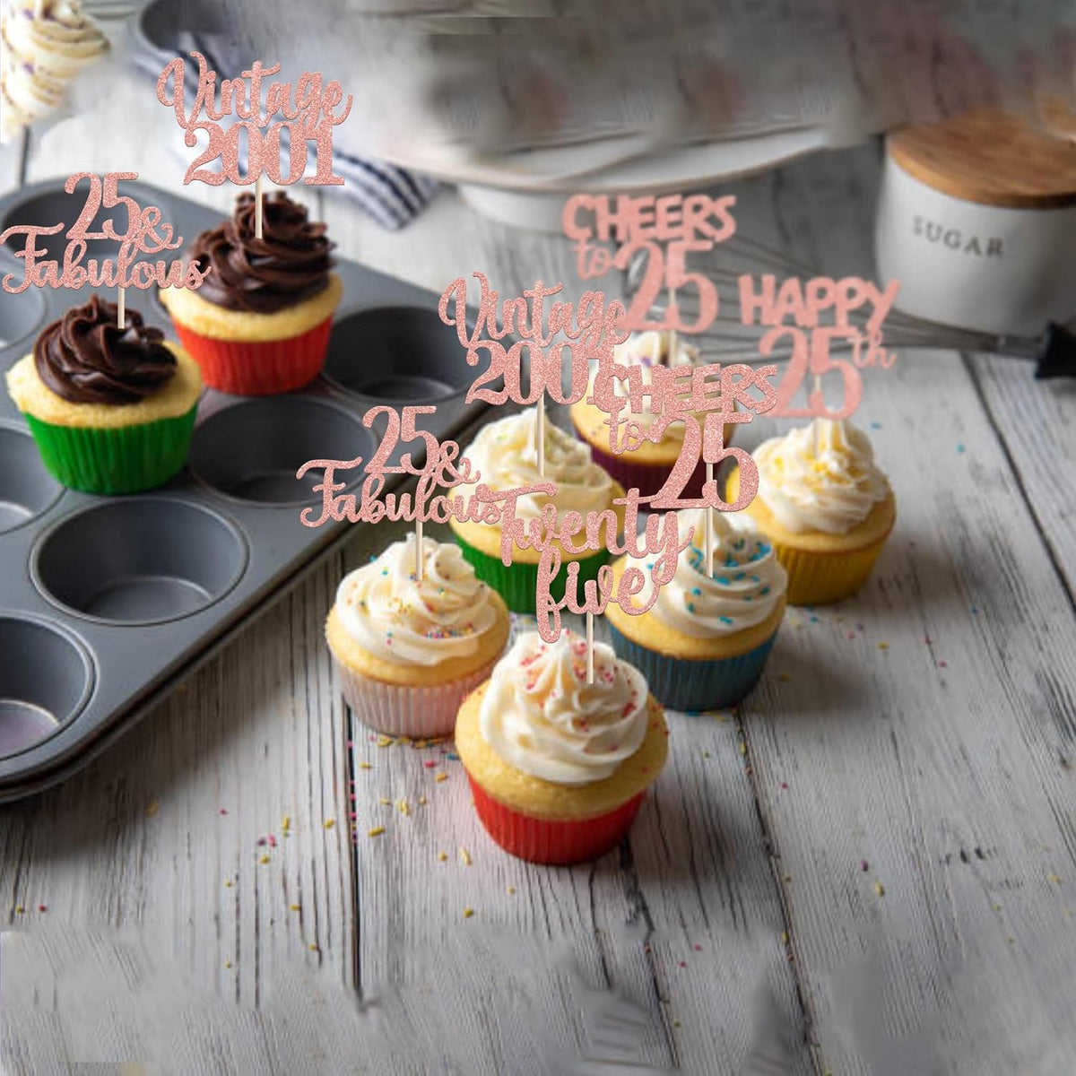 Rose gold glitter vintage 1946 cupcake toppers for an 80th birthday - view 25