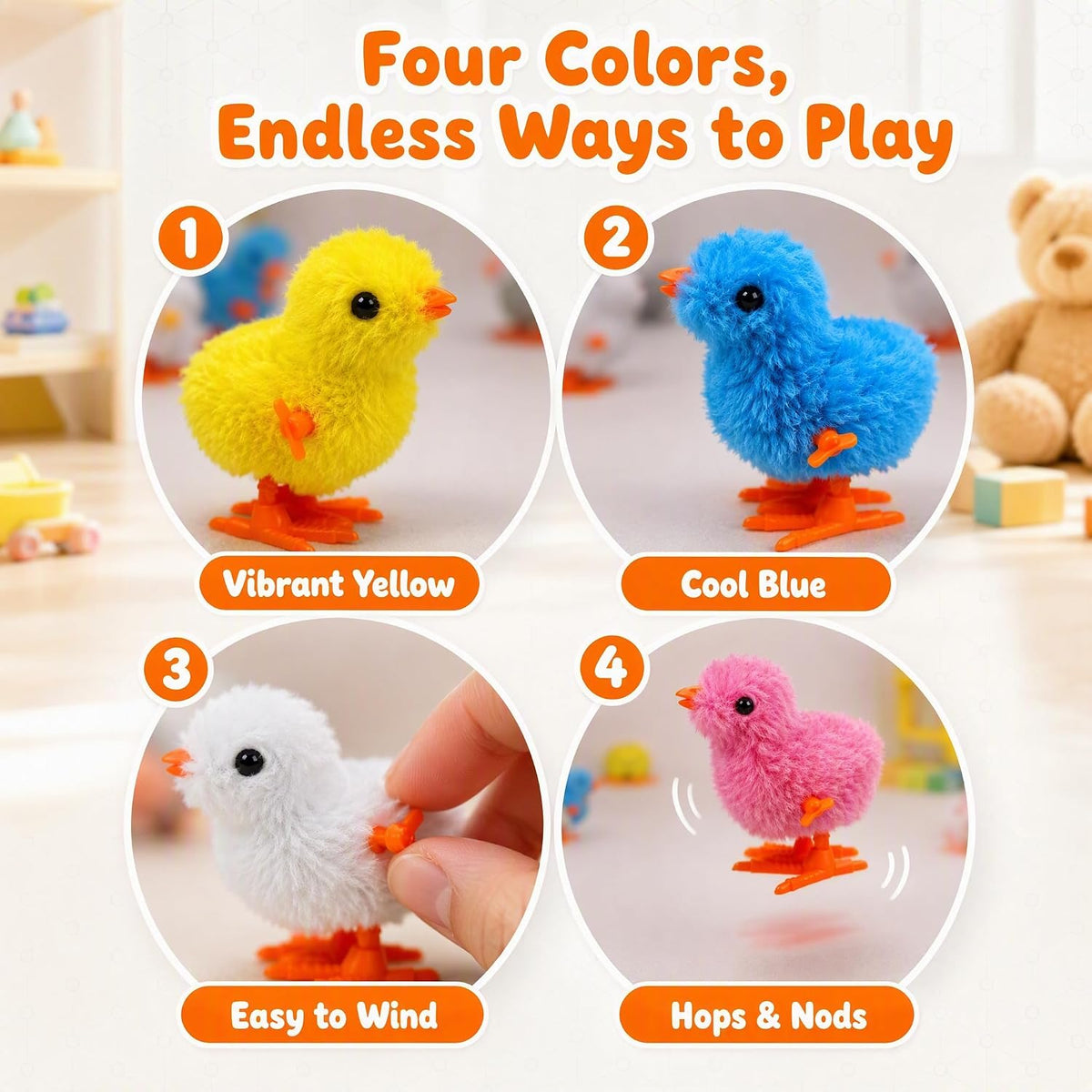 SAURAWAN plush wind-up chicken toys with fluffy bright feathers, 2-piece set - view 3