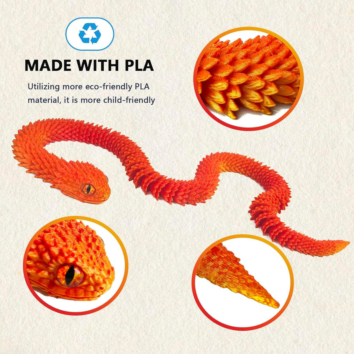 24in 3D Printed Snake Toys, Flexible 3D Printed Animal - Red Gold / 24in - image 3