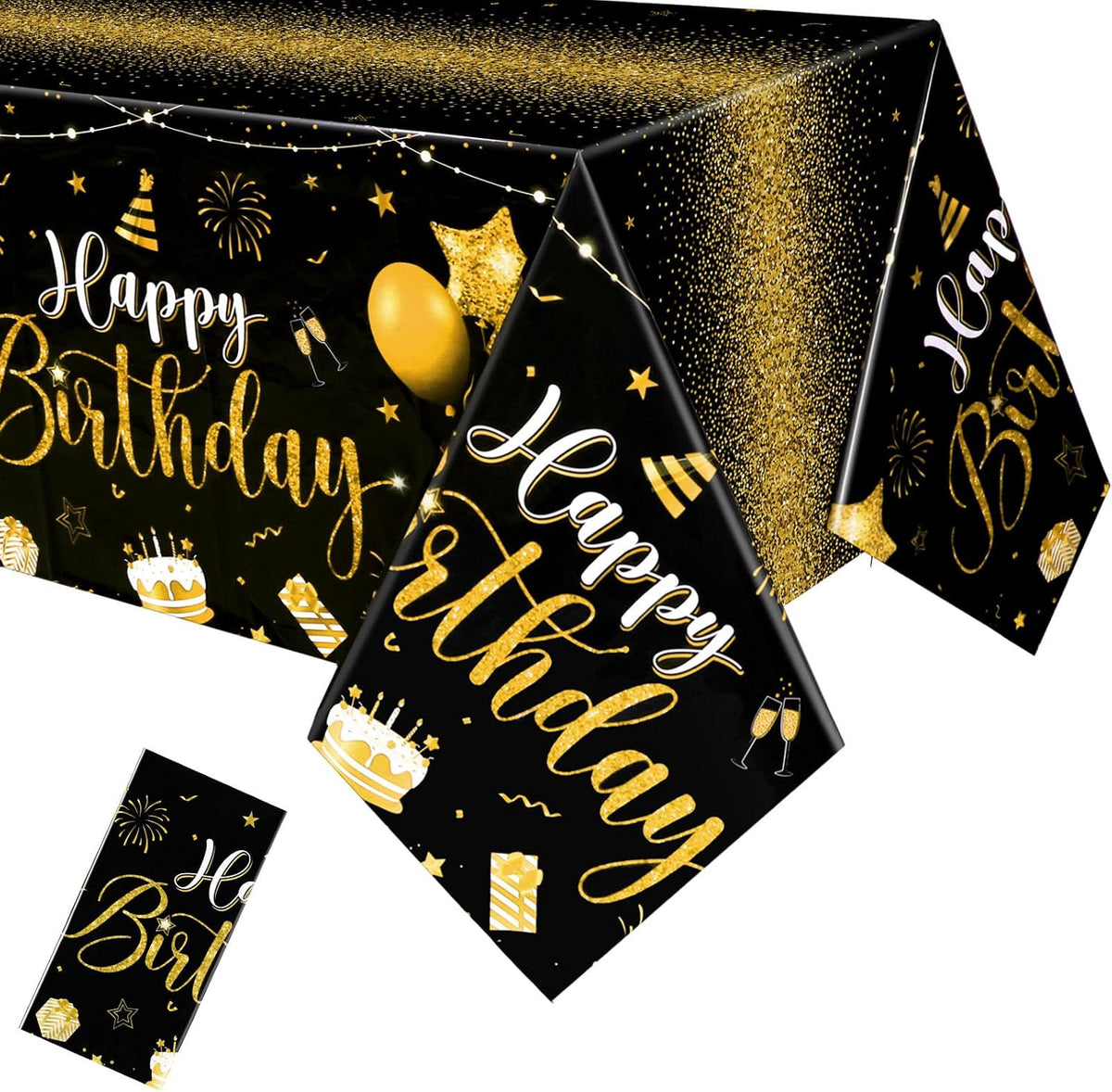 Tudomro 3 Pcs Plastic Happy Birthday Party Tablecloths - Black Gold / 6