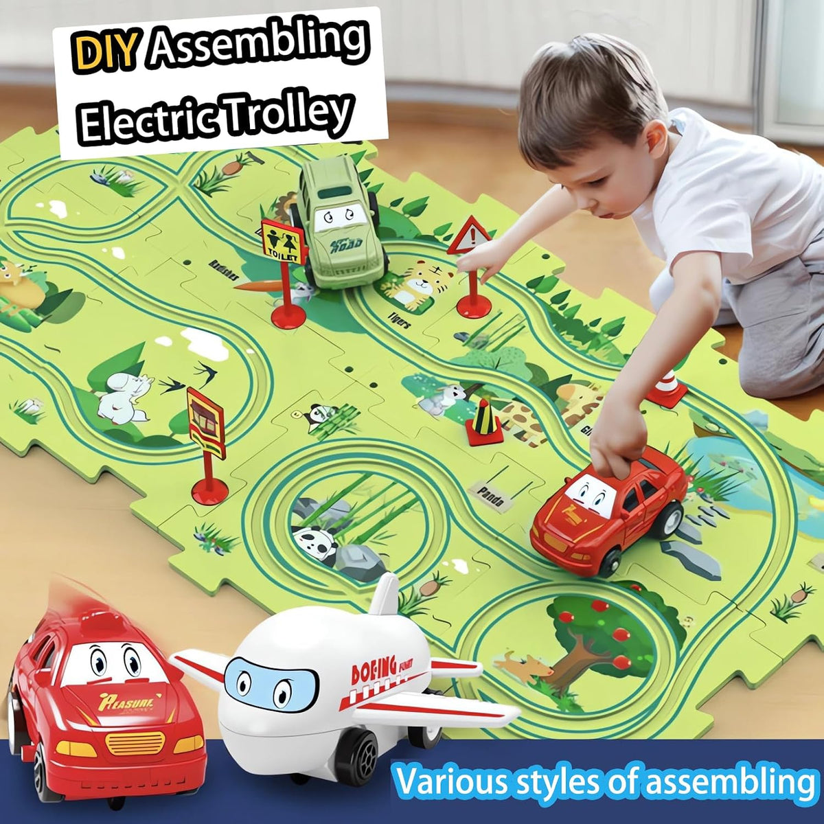 Ubegger puzzle car track set with puzzle road pieces, road signs and battery cars - view 14