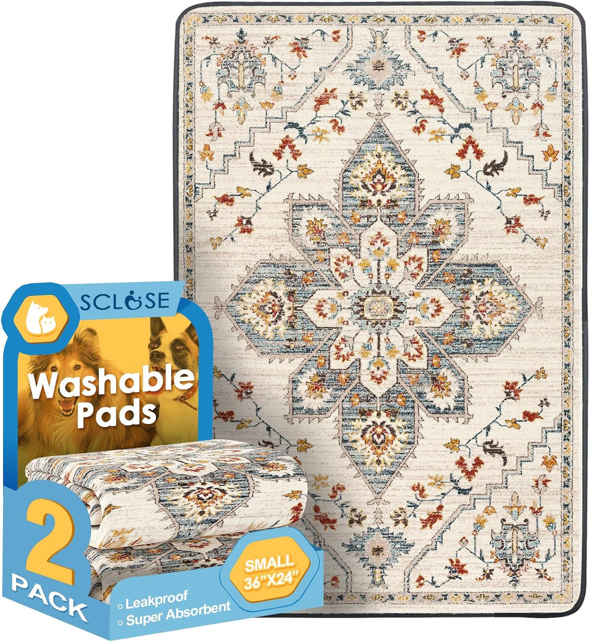 Washable Pee Pad for Dogs - White Medallion / 36" x 24" (2 Pack)